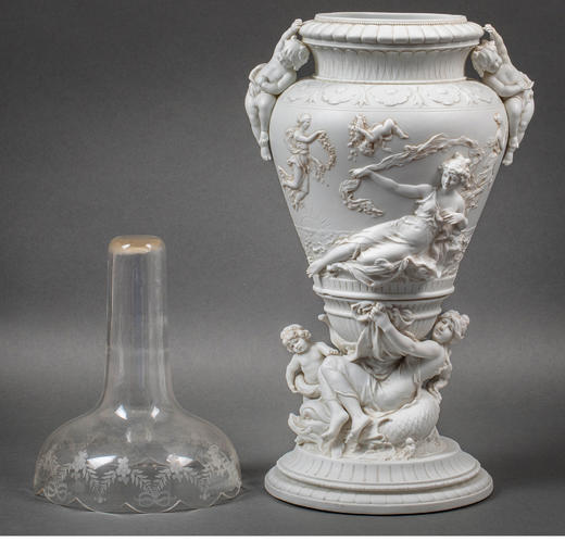 【已售】独角鹿西洋古董 19世纪法国出品古希腊神话主题「命运三女神」素胎瓷嵌水晶花瓶一对 商品图1