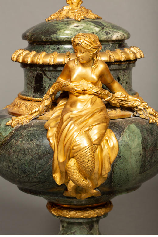 独角鹿西洋古董 19世纪末法国出品新古典主义风格铜鎏金镶嵌绿色大理石石瓮摆件 商品图2