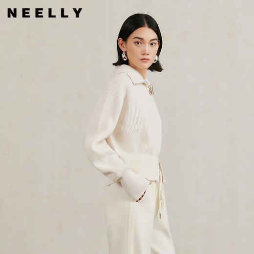 NEELLY纳俪商场同款冬新款绵羊毛拉链翻领针织开衫女软糯显白上衣N25104A04531 商品图0