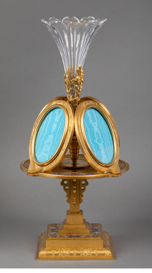 独角鹿西洋古董 19世纪末法国出品铜鎏金镶嵌珐琅彩绘装饰蓝色相框花瓶 商品图0