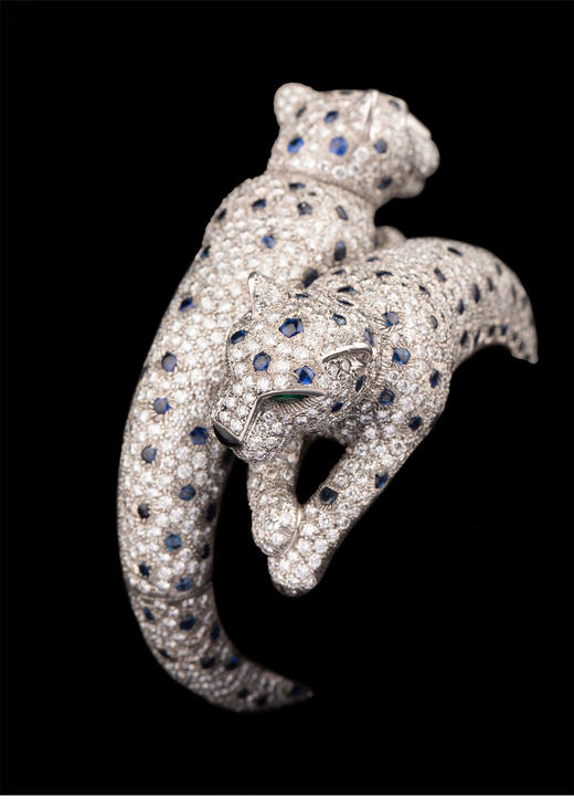 独角鹿西洋古董 20世纪晚期法国出品铂金嵌钻石蓝宝石祖母绿及缟玛瑙「美洲豹」手镯 商品图3