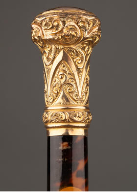 独角鹿西洋古董 1880-1910年代英国维多利亚时代出品14K黄金精雕卷叶纹镶嵌珍稀材质杖柄绅士手杖
