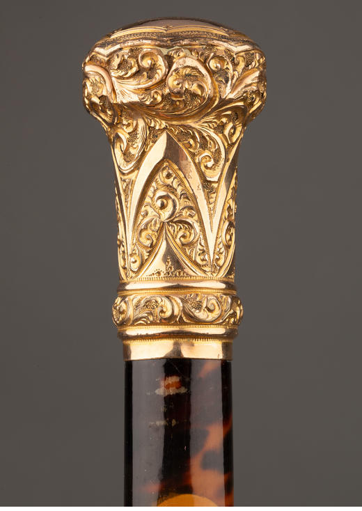 独角鹿西洋古董 1880-1910年代英国维多利亚时代出品14K黄金精雕卷叶纹镶嵌珍稀材质杖柄绅士手杖 商品图0