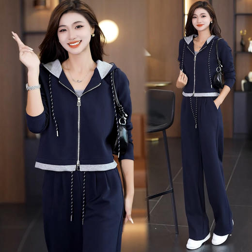 YM 8130休闲跑步运动套装显瘦连帽拼接卫衣直筒裤两件套 商品图1