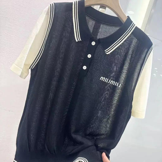 韩系微透薄款撞色假两件翻领时尚气质针织衫   YX-112704 商品图1