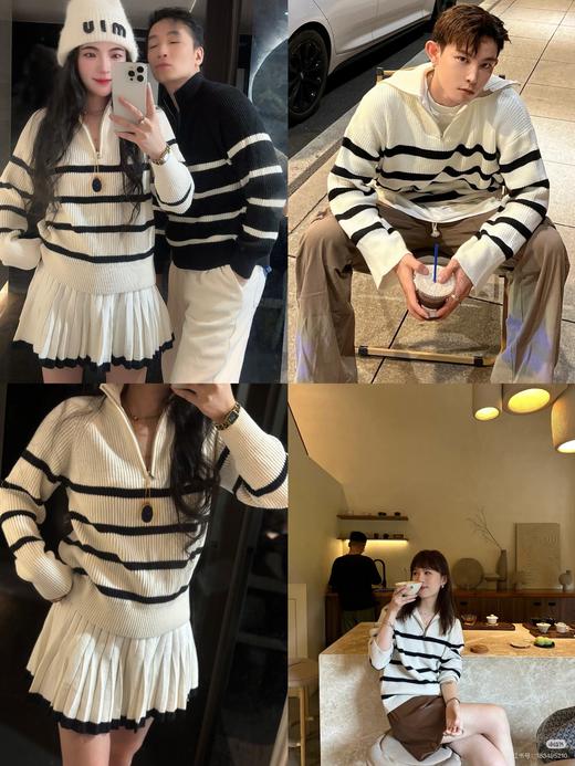 森ma 条纹百搭半拉链翻领条纹衫针织毛衣（波哥Ｍ。蕾姐Ｓ） 商品图0