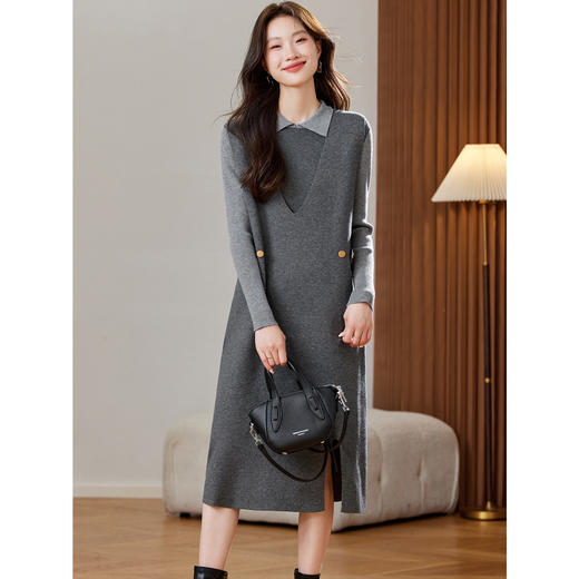 XFY-3130娃娃领针织连衣裙2025秋冬新款小个子高级感配大衣毛衣裙两件套装 商品图2