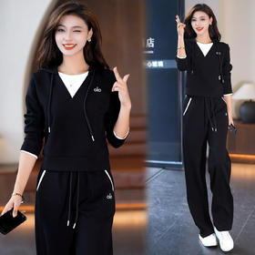 YM 8131时尚休闲套装洋气宽松假两件连帽撞色减龄两件套