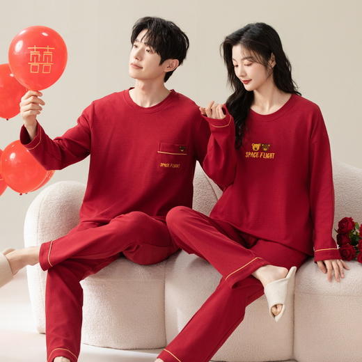 情侣睡衣红色长袖圆领薄款女士大码男士华夫格家居服可外穿套装秋本命年睡衣 商品图1