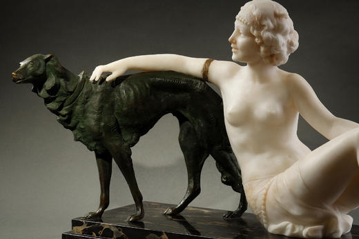 独角鹿西洋古董1920年代意大利雕塑家Alberto Saccardi签名创作装饰艺术风格大理石底座装饰青铜及雪花石膏雕塑作品《少女与猎犬》 商品图3