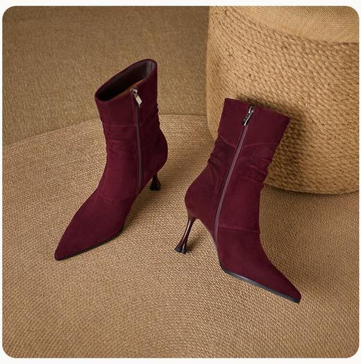 【预售5天】法式高级感小短靴，高跟尖头细跟褶皱中筒瘦瘦靴QS&765 商品图3