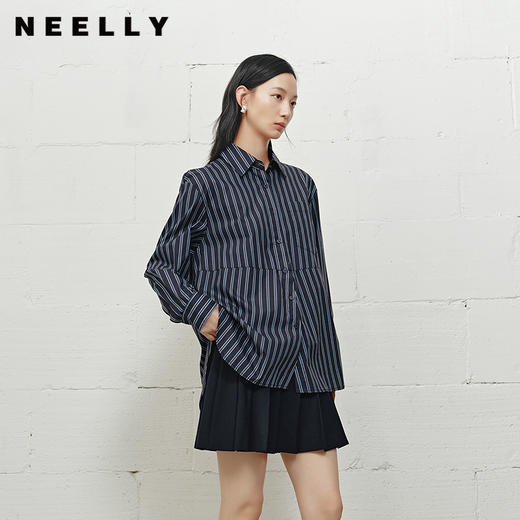 NEELLY纳俪商场同款冬季新款简约廓形条纹衬衫女复古百搭外套N25101B01010 商品图0