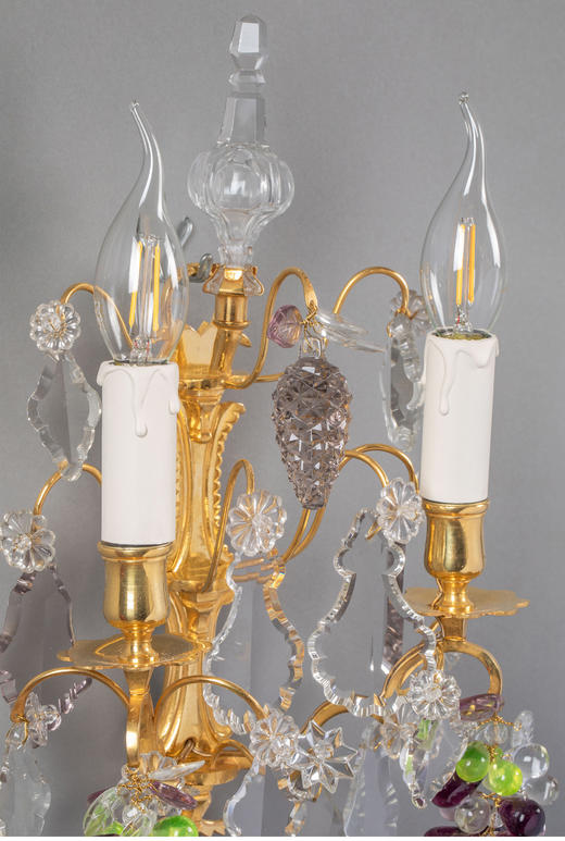 独角鹿西洋古董 1850-1870年代法国拿破仑三世时期出品铜鎏金精雕镶嵌「葡萄」主题水晶吊坠双枝壁灯一对 商品图1