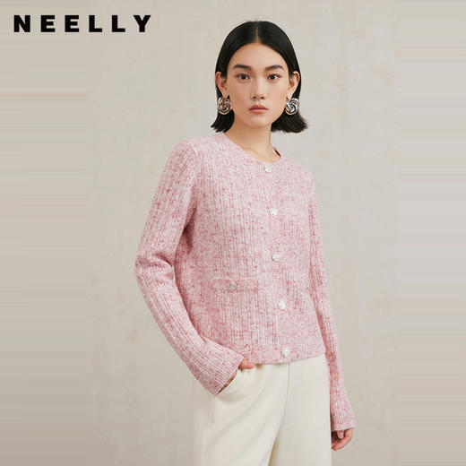 NEELLY纳俪商场同款冬季新款通勤圆领粉色肌理感针织开衫女毛衣N25104A04530 商品图0