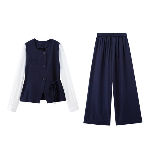 HR MEIQIN0812设计感气质撞色拼接套装系带收腰显瘦阔腿裤两件套 商品图4