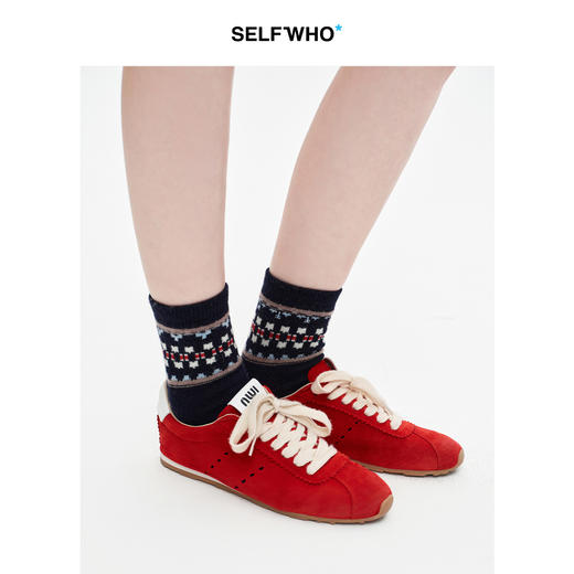 SELFWHO羊毛混纺彩色提花中筒袜子女2025冬季新款复古保暖针织袜 商品图0