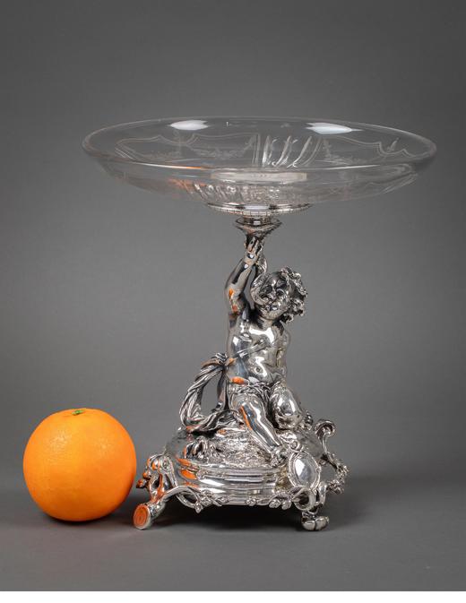 独角鹿西洋古董 1860年代法国顶级银器工坊昆庭签名出品小海神特里同造型铜镀银嵌水晶果盘 商品图1