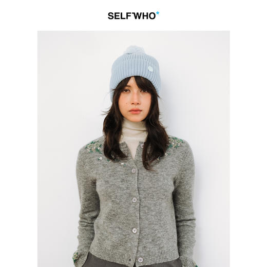 SELFWHO100%绵羊毛笑脸章仔针织帽女2025冬新款保暖毛球装饰帽子 商品图2