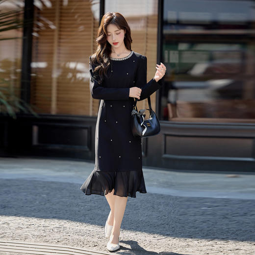 HR MEIQIN5707气质优雅鱼尾裙修身显瘦钉珠A字裙连衣裙 商品图1