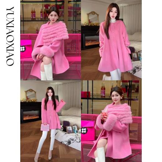 余潇潇【粉黛倾城】羊驼毛绵羊毛肌理感可拆卸狐狸毛披肩袖子大衣 商品图4