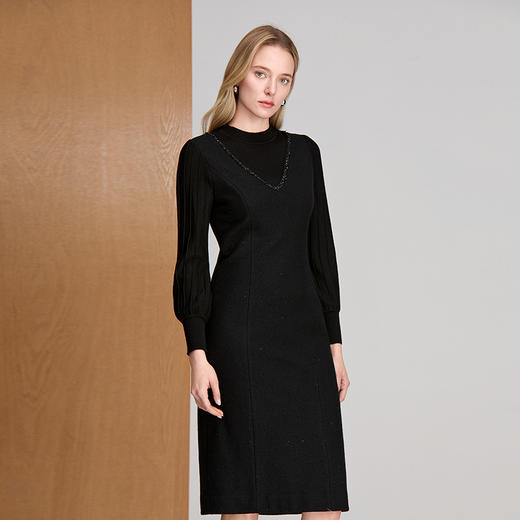 EITIE爱特爱羊毛毛织拼接设计袖子压条毛织收腰显瘦冬季新款连衣裙8407120 商品图3