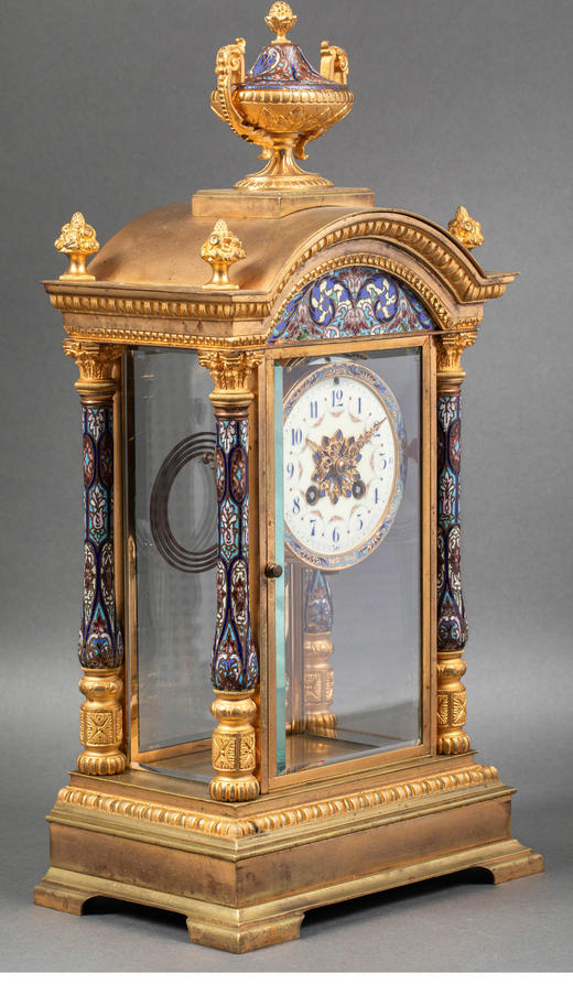 独角鹿西洋古董 19世纪末法国出品新古典主义风格铜鎏金精雕镶嵌錾胎珐琅座钟烛台三件套 商品图2