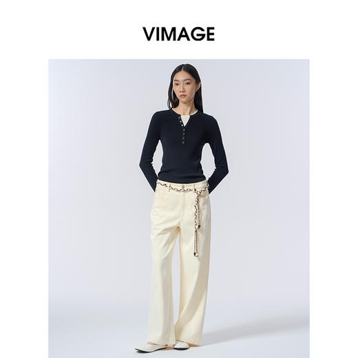 VIMAGE纬漫纪百搭宽松休闲舒适棉简约香槟白2025秋季新款牛仔裤V2405113 商品图1