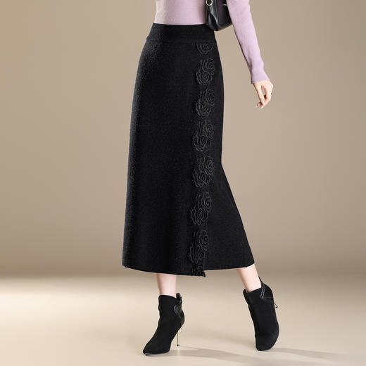 YGLR-A087-Y牡丹花边款毛线裙针织半身裙女高腰弹力厚款直筒裙秋冬季新裙子 商品图2