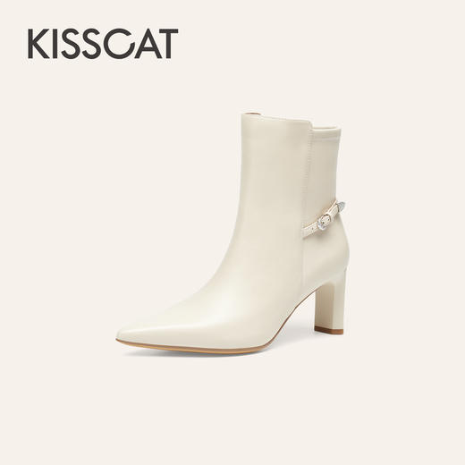 【云粉节】BF楼KISSCAT接吻猫25冬新款优雅尖头高跟靴粗跟法式真皮白色短靴女KA65714-11吊牌价1599活动价899 商品图0