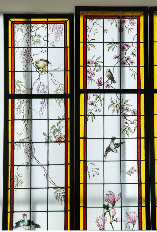 独角鹿西洋古董 19世纪末20世纪初法国新艺术时期出品雀鸟繁花主题彩绘玻璃花窗一组四件 商品图2