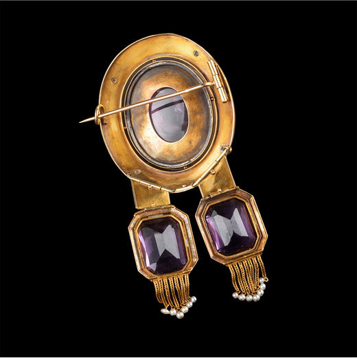 独角鹿西洋古董 19世纪法国拿破仑三世时期出品18K黄金镶嵌紫水晶卡梅奥浮雕珍珠流苏装饰胸针 带原盒 商品图4