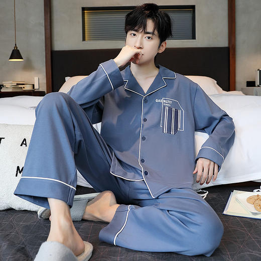 开衫翻领睡衣男士春秋季新款棉质大码宽松长袖青年冬季家居服套装 商品图3