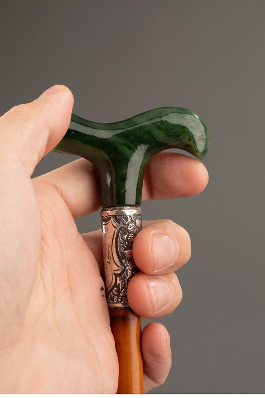 独角鹿西洋古董 1880-1910年代英国维多利亚时代出品纯银雕刻镶嵌软玉杖柄硬木绅士手杖 商品图2