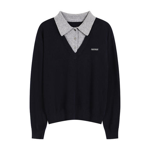 NEELLY纳俪商场同款冬季新款学院风显白宽松针织女撞色慵懒风上衣N25101A01001 商品图3