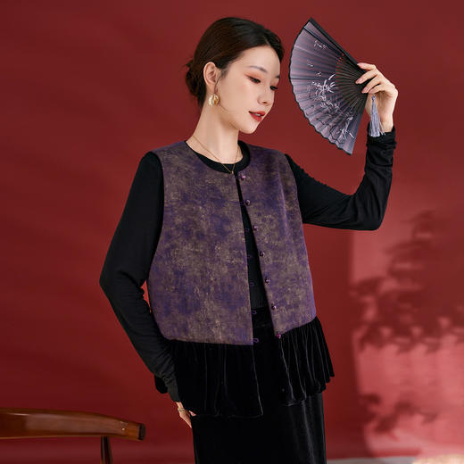 SM 1739桑蚕丝盘扣提花拼接国风扎染烫金渐变马甲显瘦无袖气质 商品图0