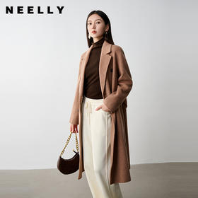 NEELLY纳俪商场同款冬季新款绵羊毛长款双面呢大衣女驼色通勤外套N25104N04591