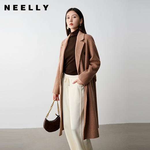 NEELLY纳俪商场同款冬季新款绵羊毛长款双面呢大衣女驼色通勤外套N25104N04591 商品图0
