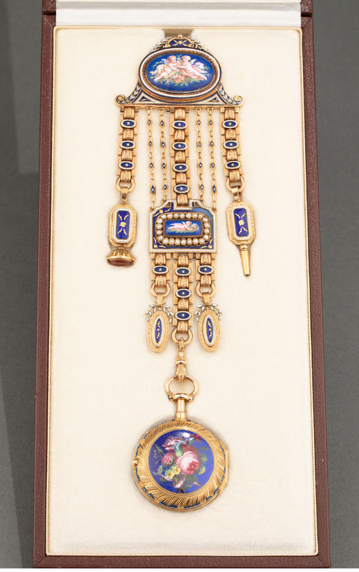 独角鹿西洋古董 18世纪晚期法国Ageron钟表工坊出品小天使花卉主题珐琅彩绘装饰黄金镶嵌珍珠腰链怀表 商品图1