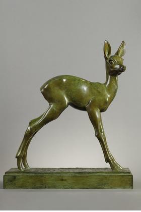 【已售】独角鹿西洋古董 20世纪比利时雕塑家r签名创作「小鹿」主题青铜雕塑