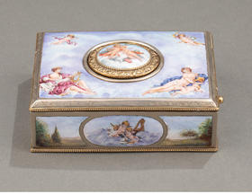 独角鹿西洋古董 1900年代瑞士出品洛可可风格珐琅彩绘「缪斯与小天使」主题纯银镀金精雕鸣鸟音乐盒