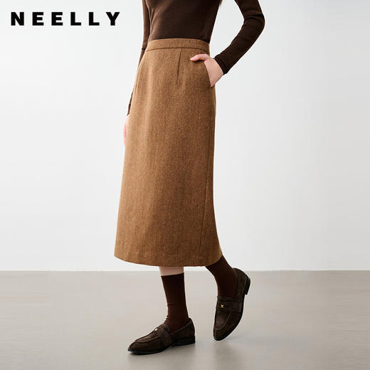 NEELLY纳俪商场同款冬季新款通勤百搭绵羊毛半身裙女半开叉长裙N25104E04504 商品图0