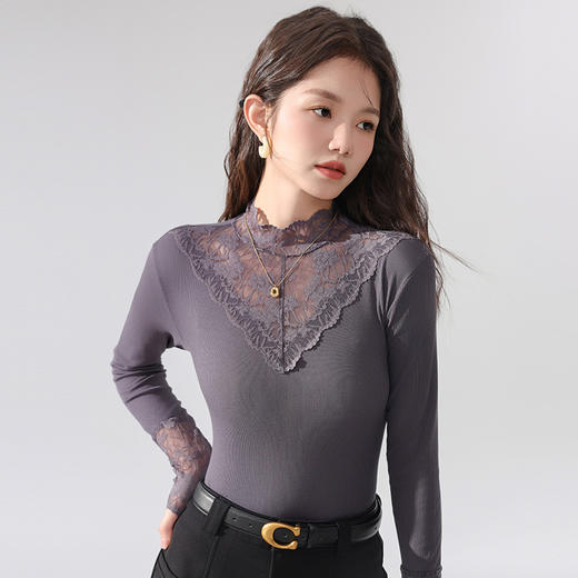 丁摩 蕾丝上衣女长袖秋冬新款大码女装半高领网纱内搭打底衫洋气衫5ZF-2517 商品图3