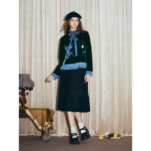 两三事梵高文艺鸢语心事2025冬新款撞色流苏下摆绑带鸢尾花毛衣女 商品图1