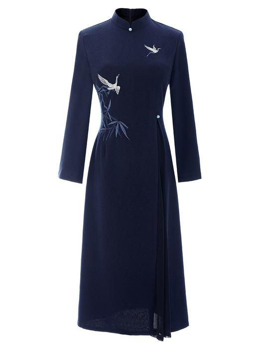 丁摩 竹鹤春秋装复古改良新中式国风绣花日常款旗袍连衣裙5ZF-4202 商品图1