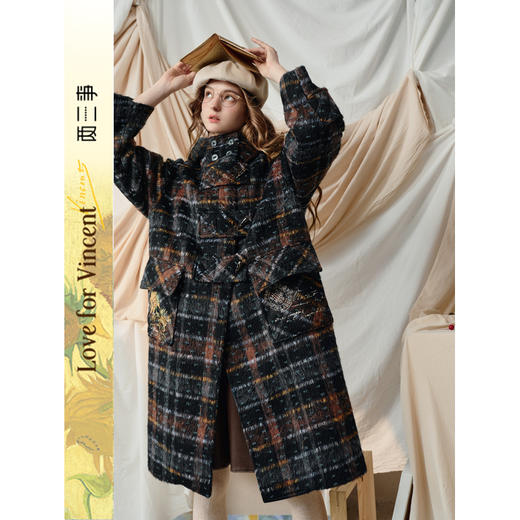 【暖冬内购】两三事梵高文艺棋格密语2025冬季新款刺绣口袋格子连帽毛呢外套女 商品图0