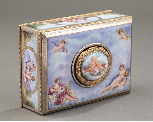 独角鹿西洋古董 1900年代瑞士出品洛可可风格珐琅彩绘「缪斯与小天使」主题纯银镀金精雕鸣鸟音乐盒 商品图3