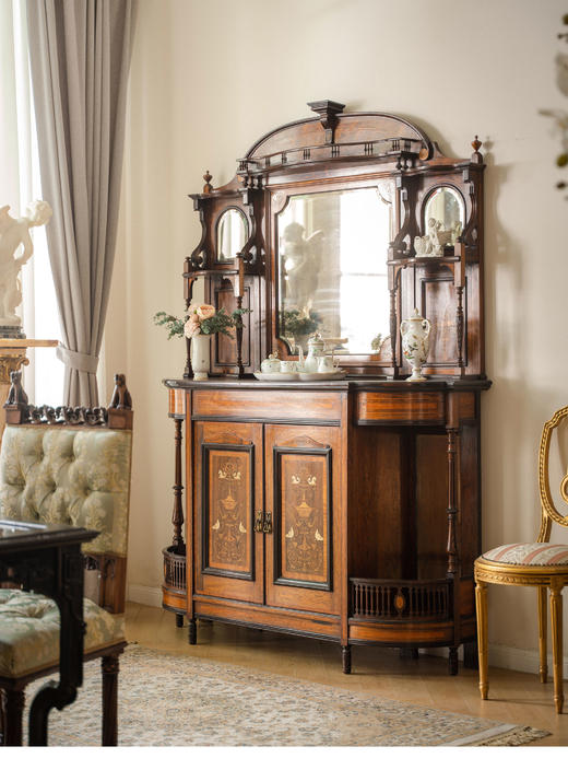 【已售】独角鹿西洋古董 1890年代英国工坊出品新古典主义风格纹饰细木镶嵌带镜大型餐边柜 商品图0