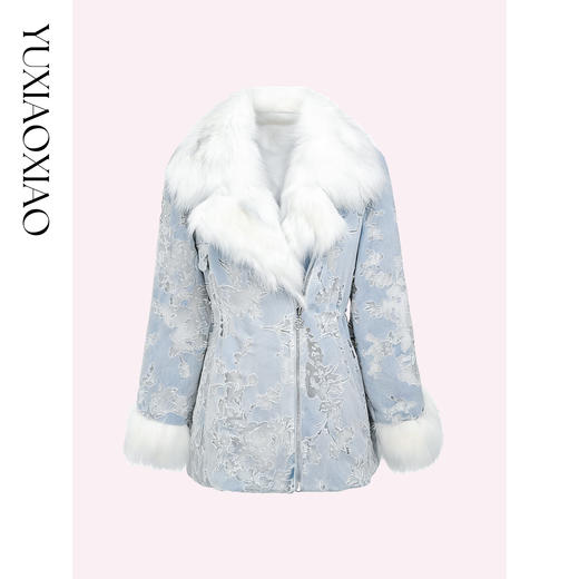 余潇潇【静谧蓝雨】棉混纺烧花牛仔拼狐狸毛90白鹅绒翻领羽绒服 商品图4