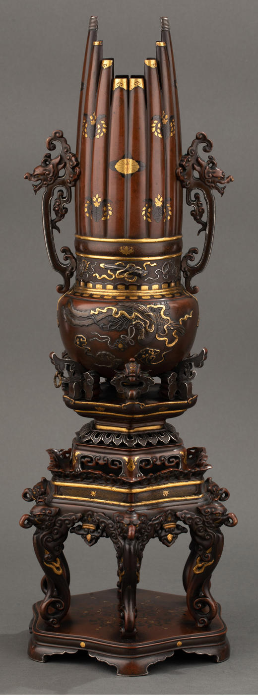 独角鹿西洋古董 1890年代日本高冈铜器名大橋三右衛門出品「古笙」造型金银象嵌赤铜香炉 商品图2