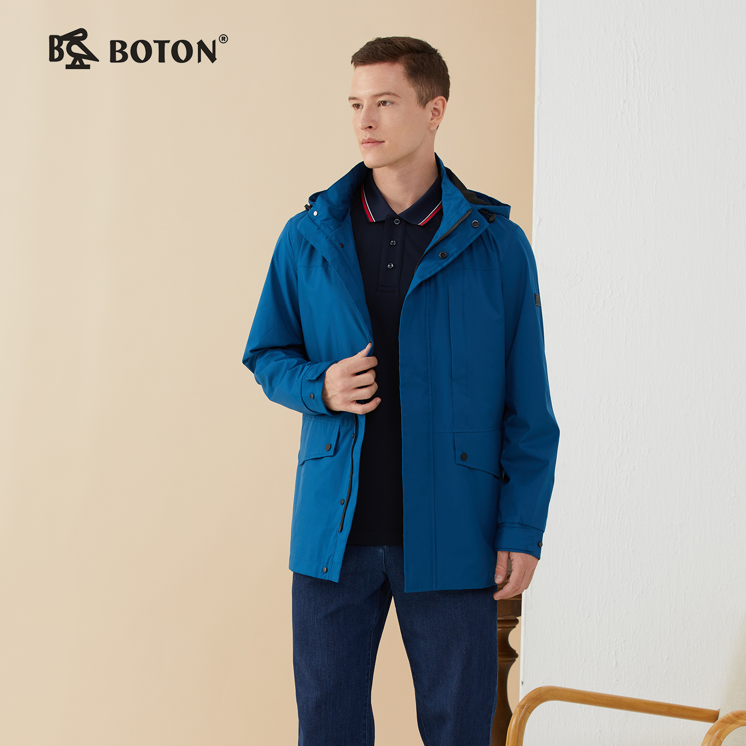 波顿秋季风衣中长款高端墨蓝色男士防水夹克外套立领连帽MJ952322